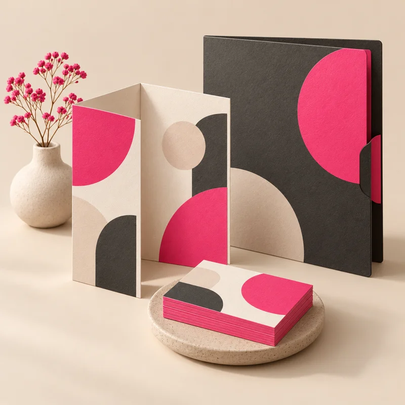Folleto, carpeta y tarjetas con una identidad gráfica coordinada